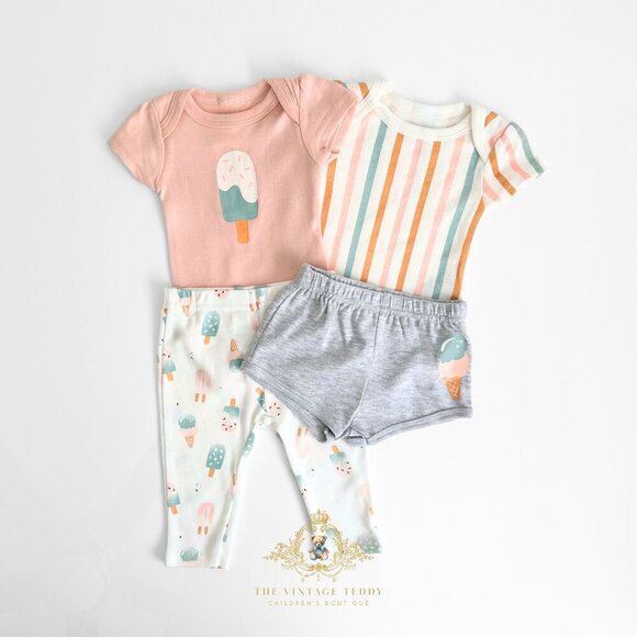 Other - NWT Cute Girls 4 Piece Set Baby Onesies Shorts & Pants Ice Cream & Stripes 6M